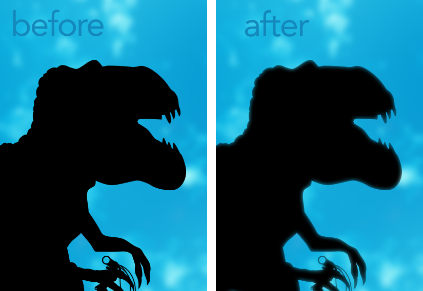 Before and after view of Inner Glow application (on dinosaur)